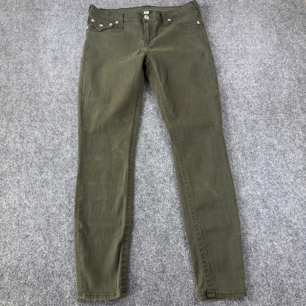 True Religion Skinny Jeans Womens 32 Olive Green Low Rise Flap Pocket Denim Y2K